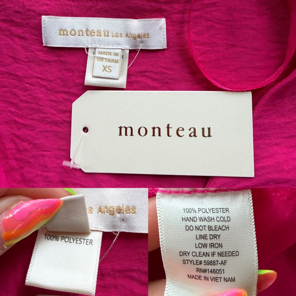 Monteau Los Angeles Women XS Hot Pink Ruched FlutterSleeve Mini Dress Barbiecore - Picture 5 of 13